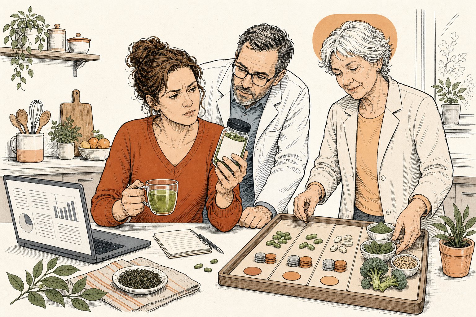 Vrouw met een kop groene thee en een pot theecapsules naast een laptop met een onderzoeksartikel