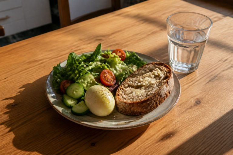 Bord met salade, brood en een ei op een houten keukentafel in laag middagzonlicht