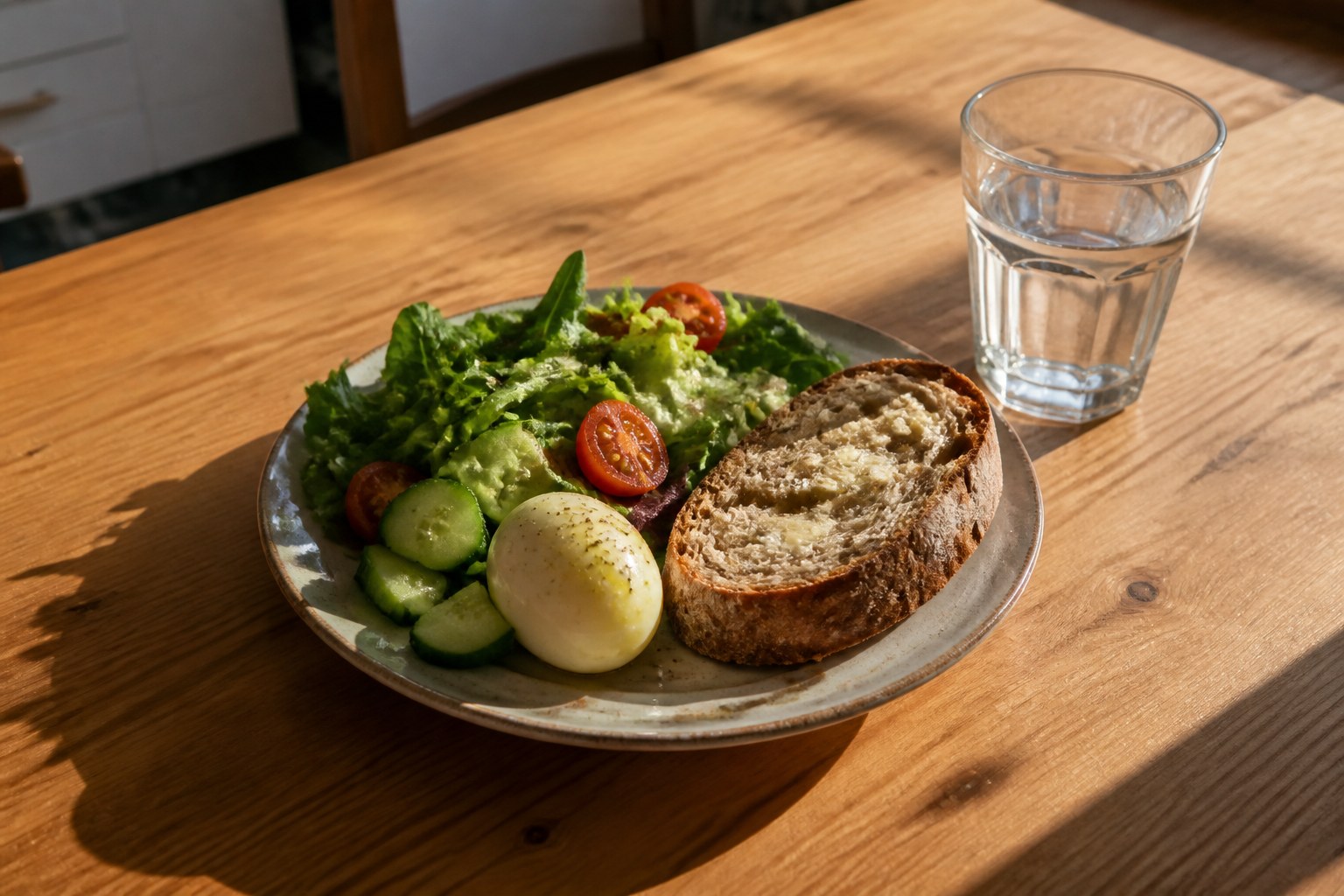 Bord met salade, brood en een ei op een houten keukentafel in laag middagzonlicht