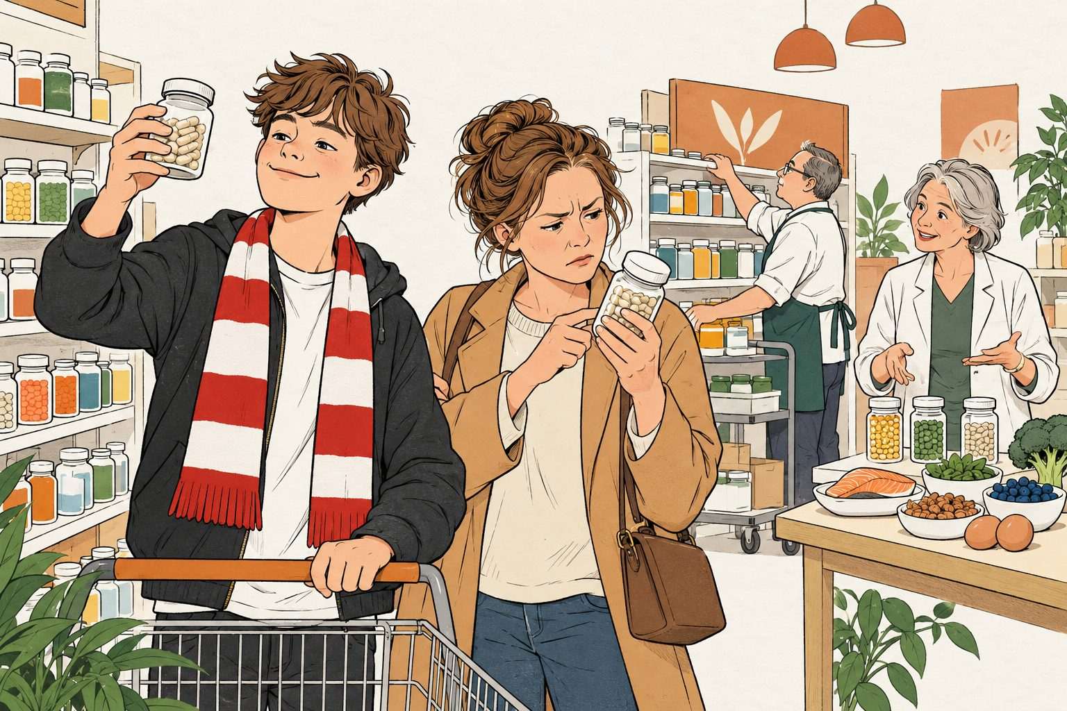 Jonge voetbalfan bekijkt een pot supplementen terwijl een vrouw het etiket leest
